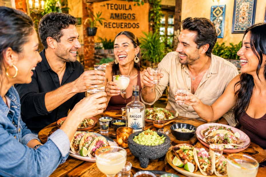 Happy People around a table eating Tacos and drinking Tequila